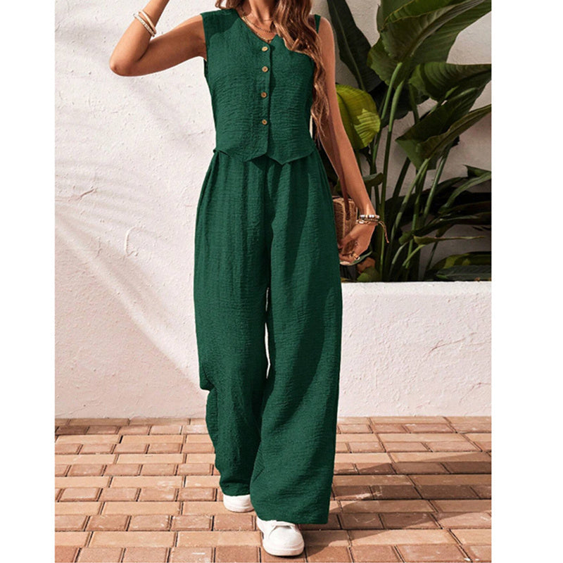 Women’s casual crop vest blazer and wide-leg pants set by FitiqueFit, featuring a stylish tailored blazer and comfortable matching pants.