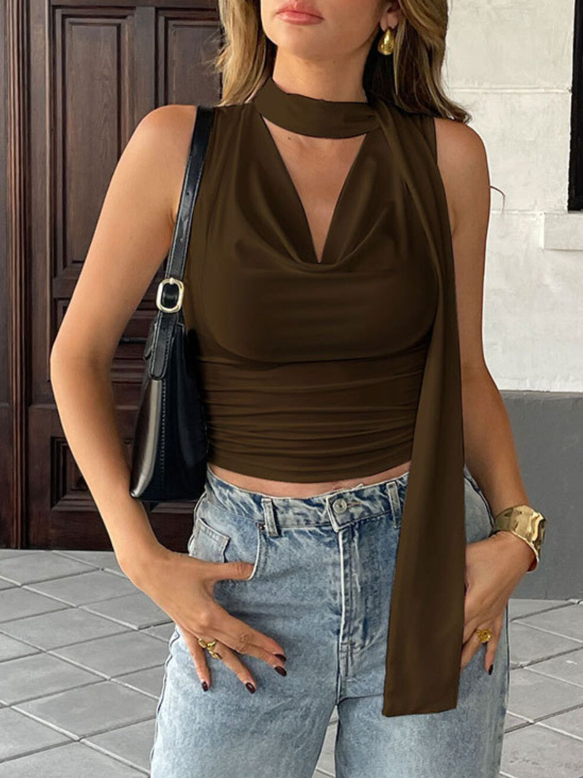 Satin-feel cowl neck sleeveless blouse with ruched details by Plush Fashion Hub, elegant and stylish for casual or formal wear.