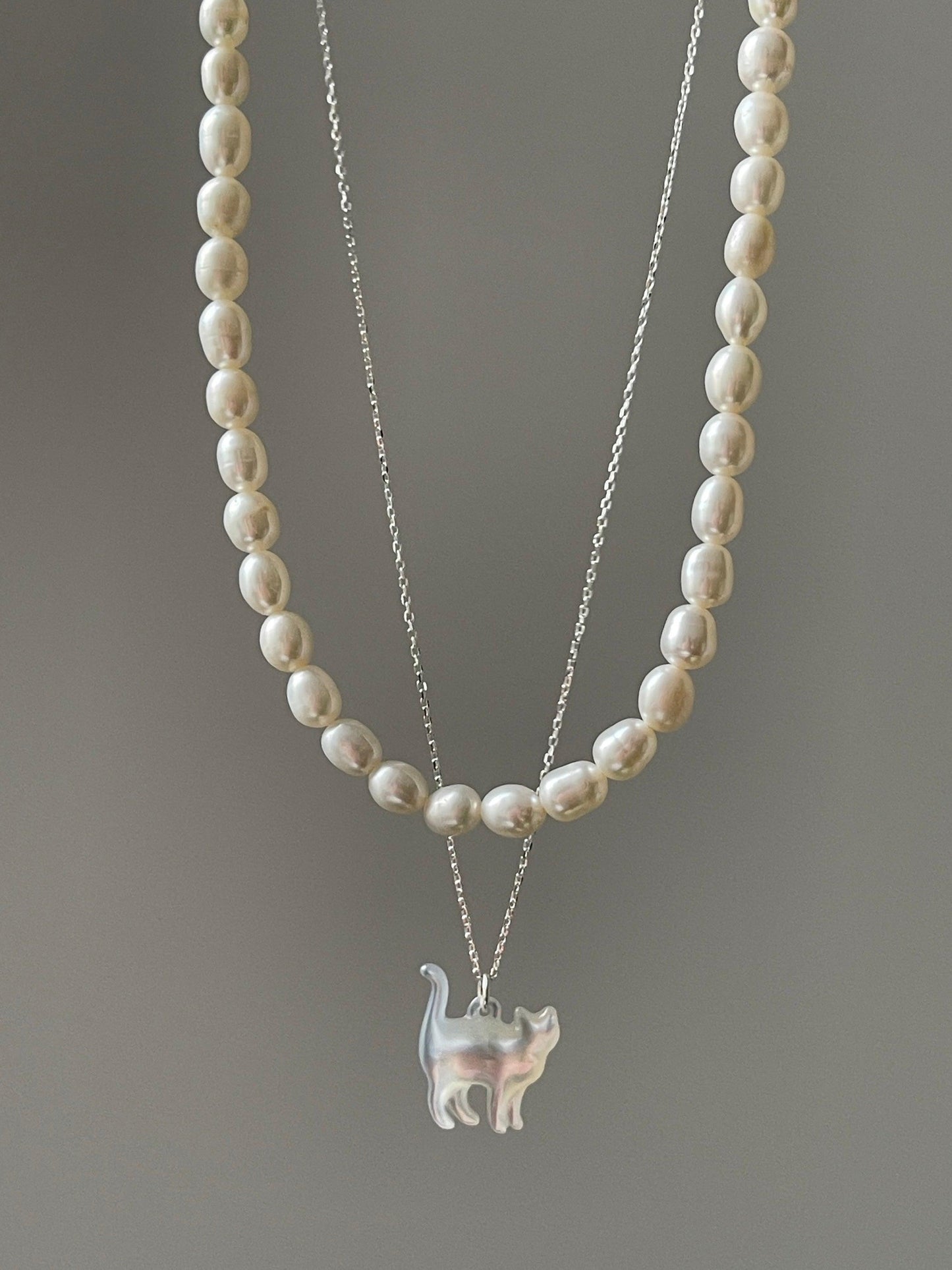 Original Cat&Pearl Stack Silver Necklace Plush Fashion Hub