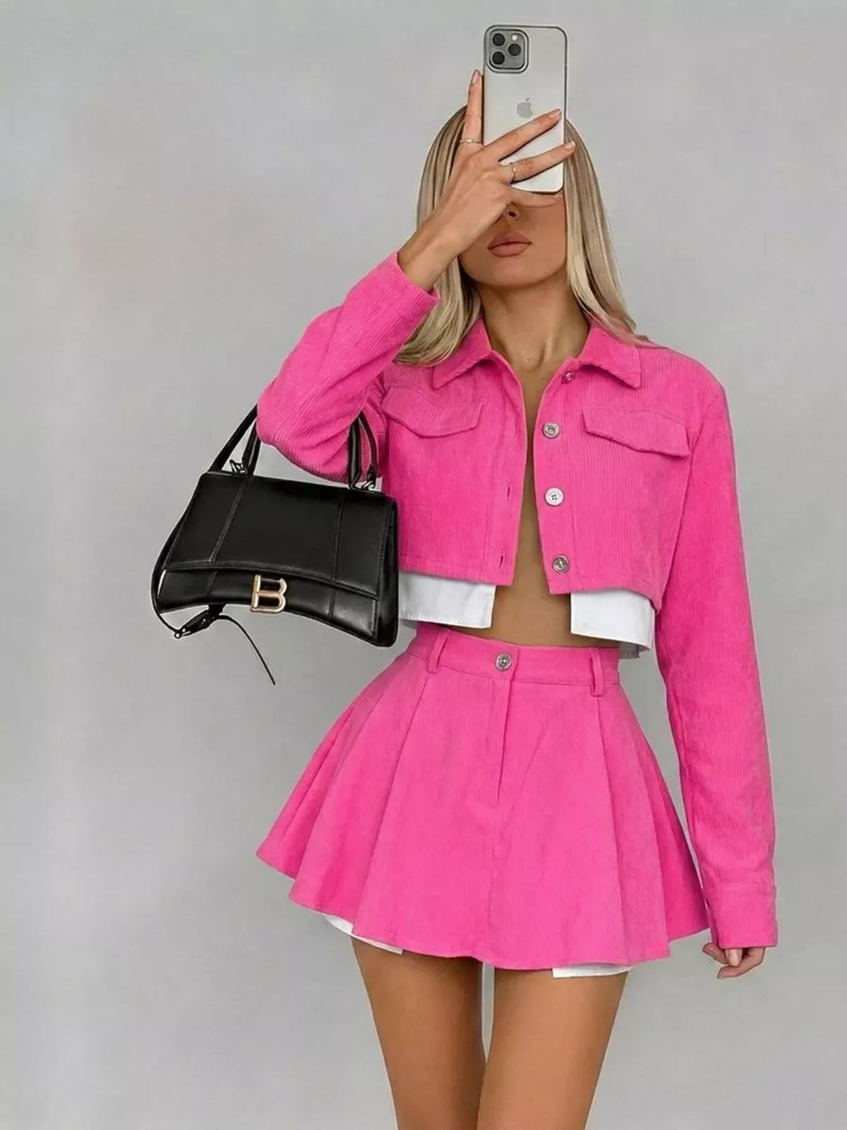 Trendsi button-up cropped jacket and mini skirt set, stylish matching skirt with button details, casual fashion ensemble.