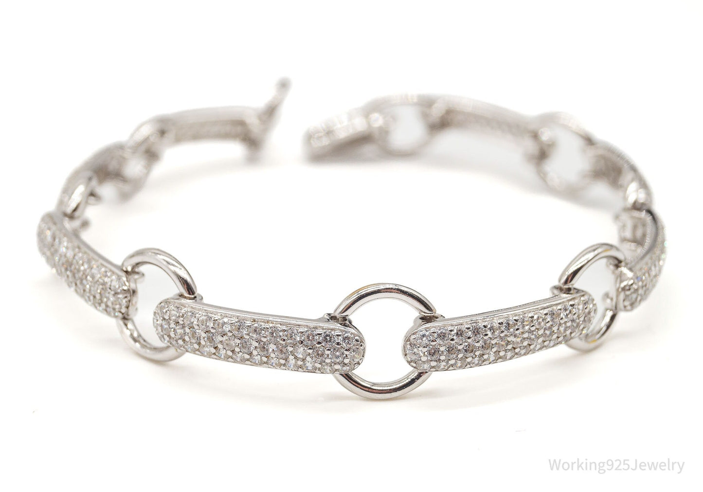 Vintage Designer Cubic Zirconia Open Link Sterling Silver Bracelet Working 925 Jewelry