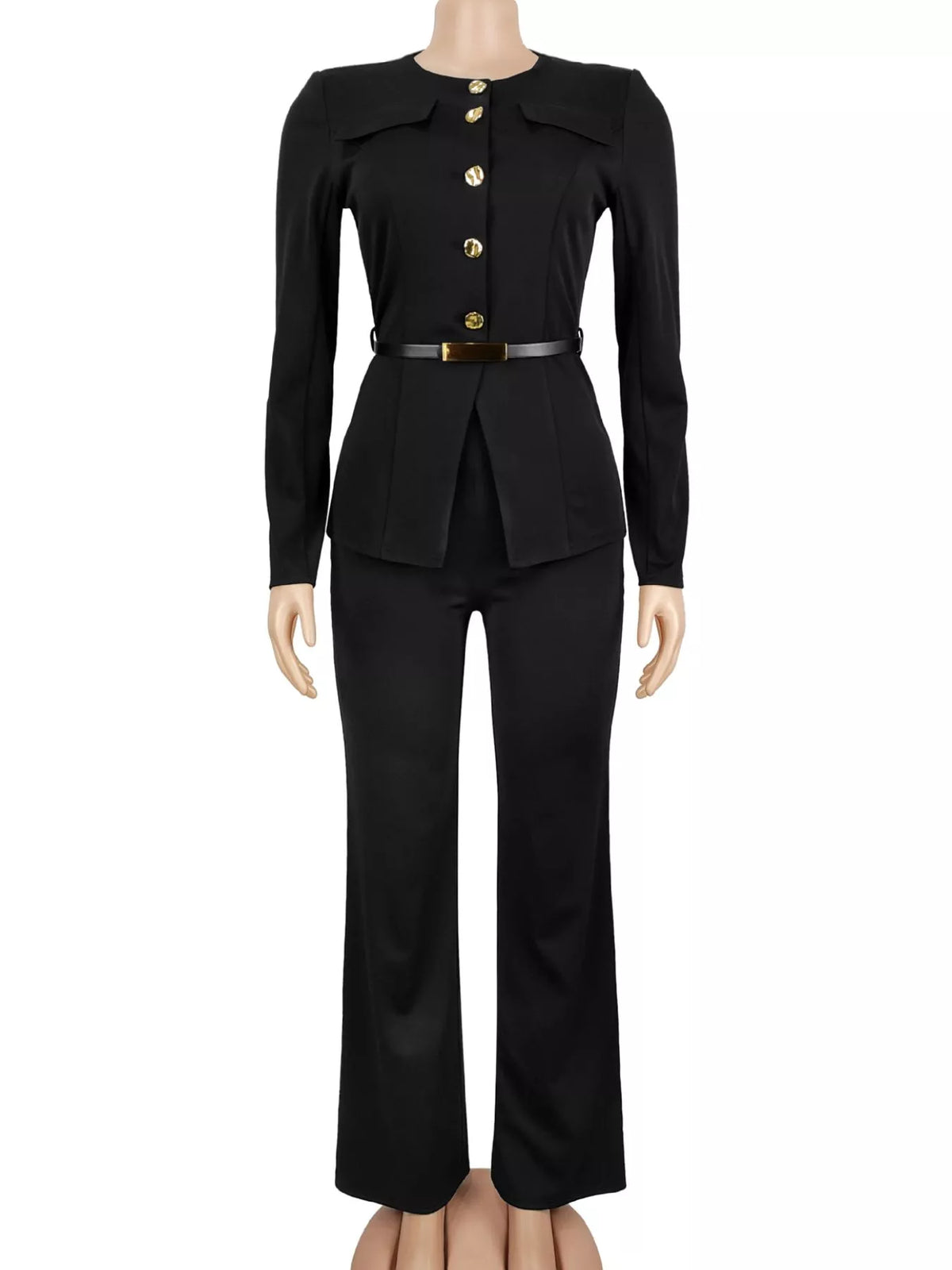 Women's long sleeve button-up top and pants set by Trendsi, featuring a stylish coordinated outfit with a fitted design.