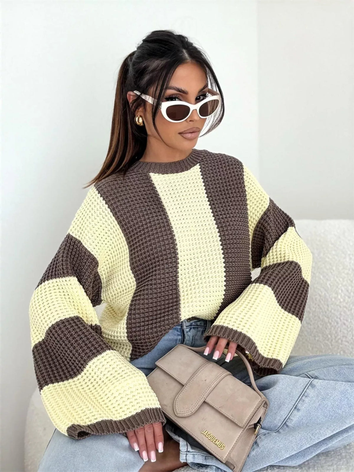 Color block long sleeve sweater by Trendsi, featuring vibrant color blocking and a cozy knit design.