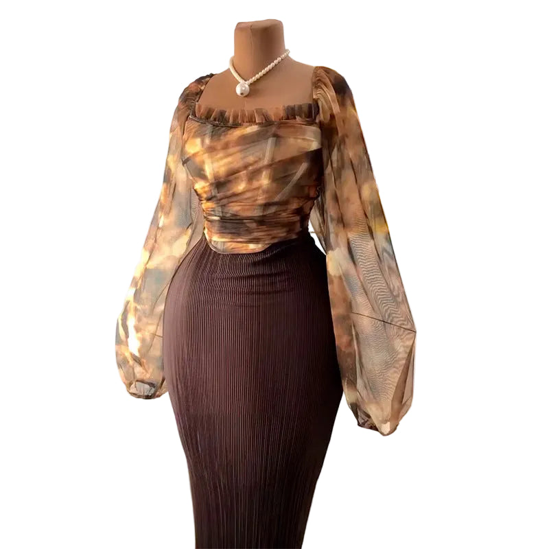 Square Collar Lantern Sleeve Top & High-Waisted Skirt Set