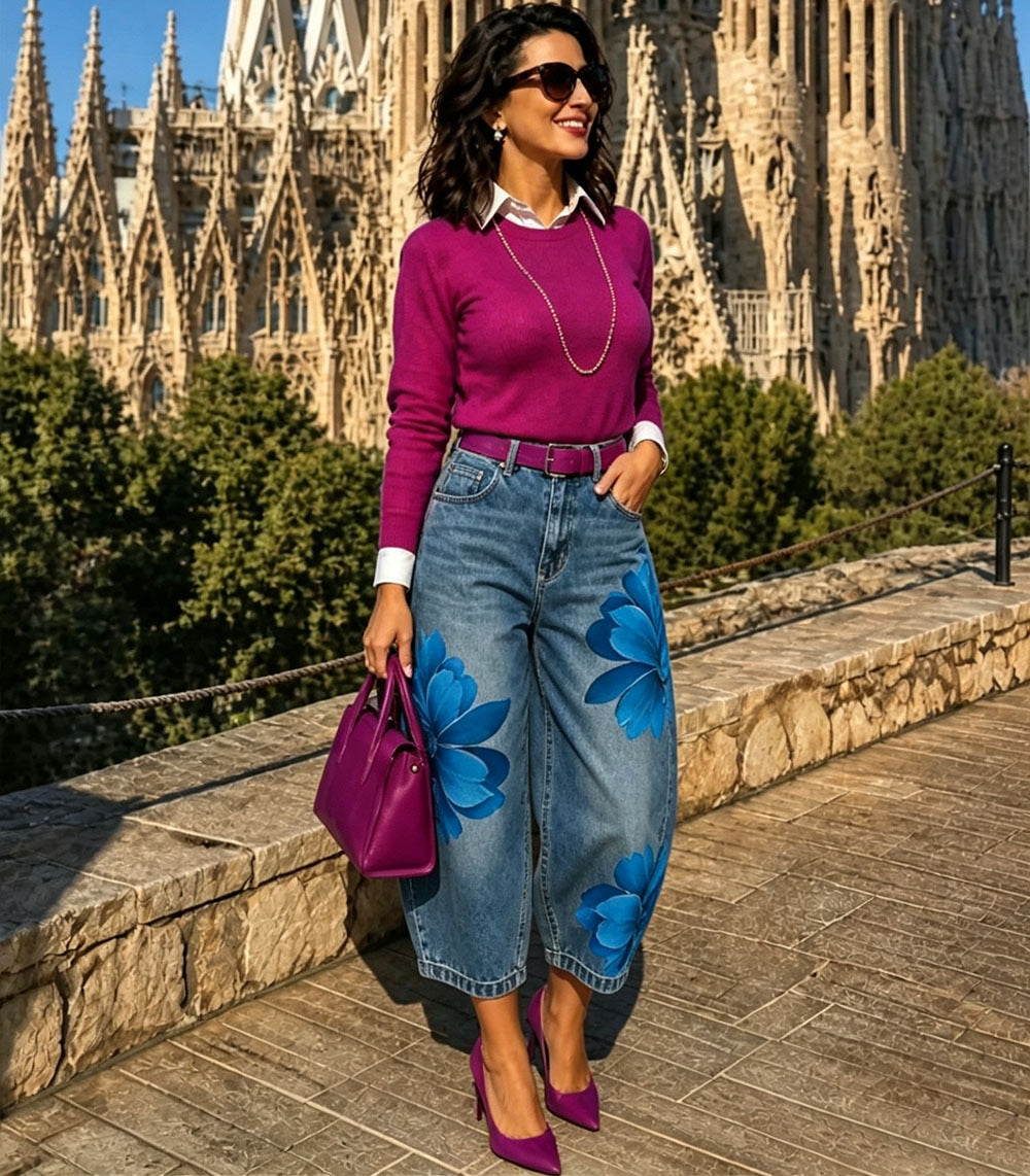 Women’s floral printed cropped denim jeans by Plush Fashion Hub, featuring street style design and vibrant floral pattern.