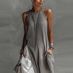 Off-shoulder color-block flared maxi dress with pockets by FitiqueFit, shown in five different colors and flowing fabric.