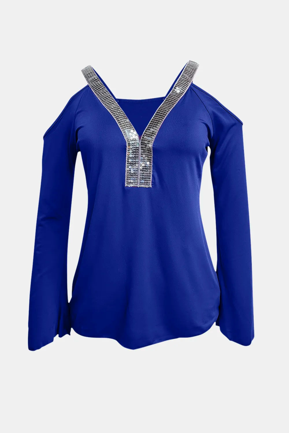 Plush Fashion Hub sequin V-neck cold shoulder top with long sleeves and stylish design, perfect for trendy fashion looks.
