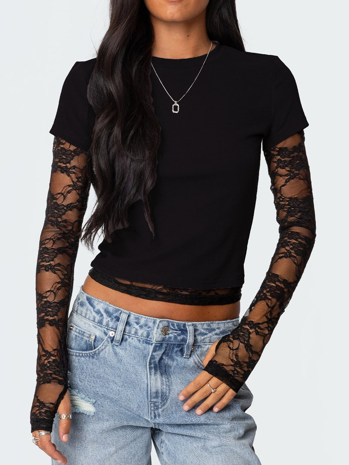Women's fitted lace sleeve casual T-shirt from Plush Fashion Hub, showcasing a sleek design and elegant lace detail.