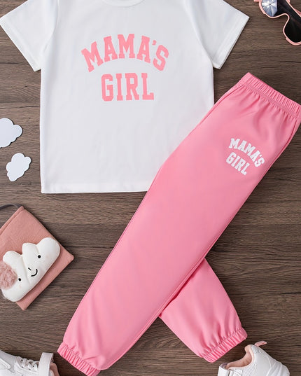 Casual Round Neck Short Sleeve Printed Letter Pattern Top T-shirt and Pants Two-piece Set for Girls - Plush Fashion Shop #