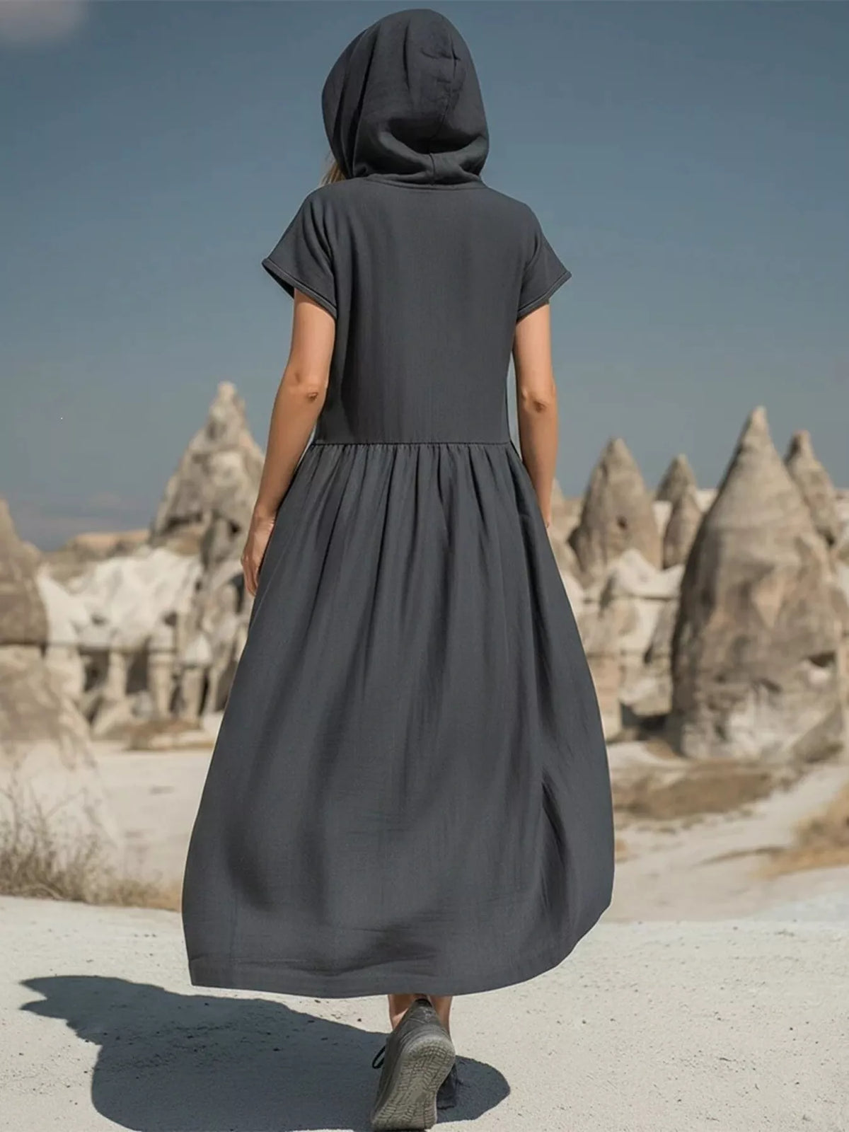 Plus size full zip hooded midi dress with pockets from Plush Fashion Hub, featuring a comfortable, casual style and front pockets.