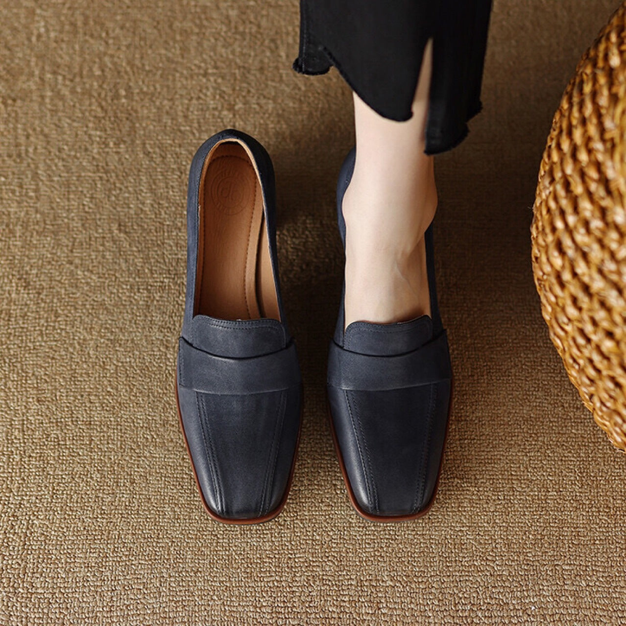 Women's sheepskin square toe chunky heel pumps by Plush Fashion Hub, retro high heel dress shoes with a stylish design.