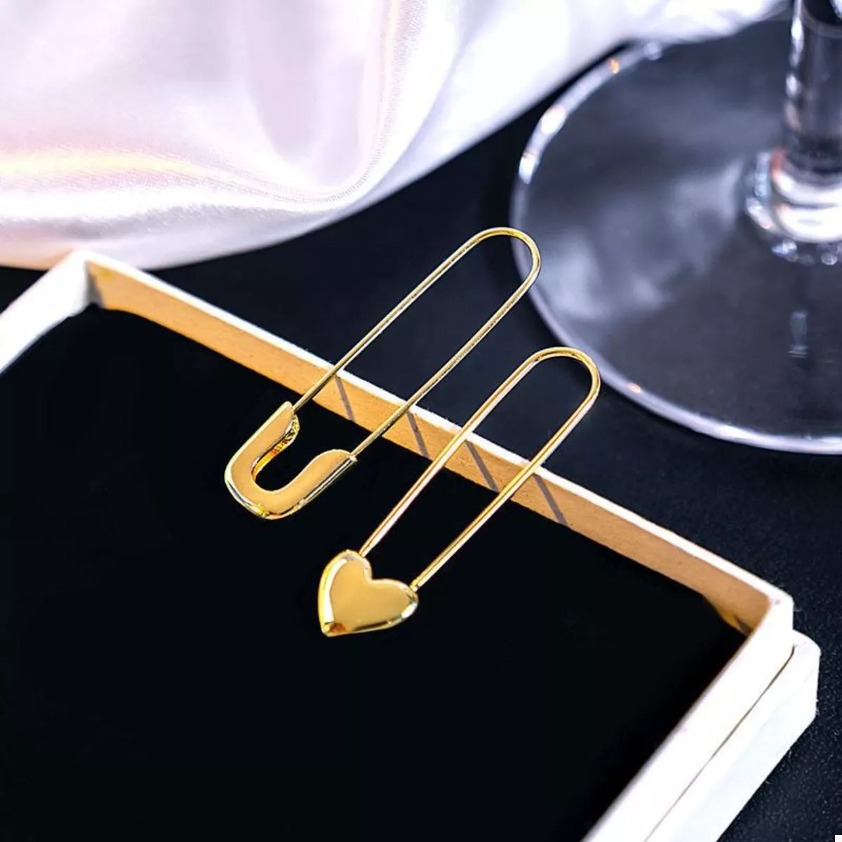 Gold-plated alloy heart-shaped safety pin drop earrings with elegant design, perfect for stylish accessories.