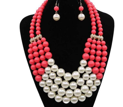 Multi Simulated Pearl Bohemian Jewelry Set with necklace and earrings on display.