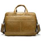 Pi-Mart men's briefcase handbag with sturdy leather exterior, structured design, and top handles for professional office use.