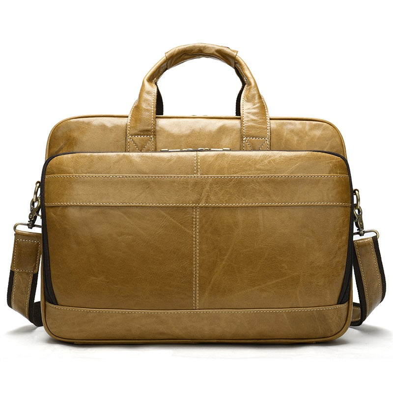 Pi-Mart men's briefcase handbag with sturdy leather exterior, structured design, and top handles for professional office use.
