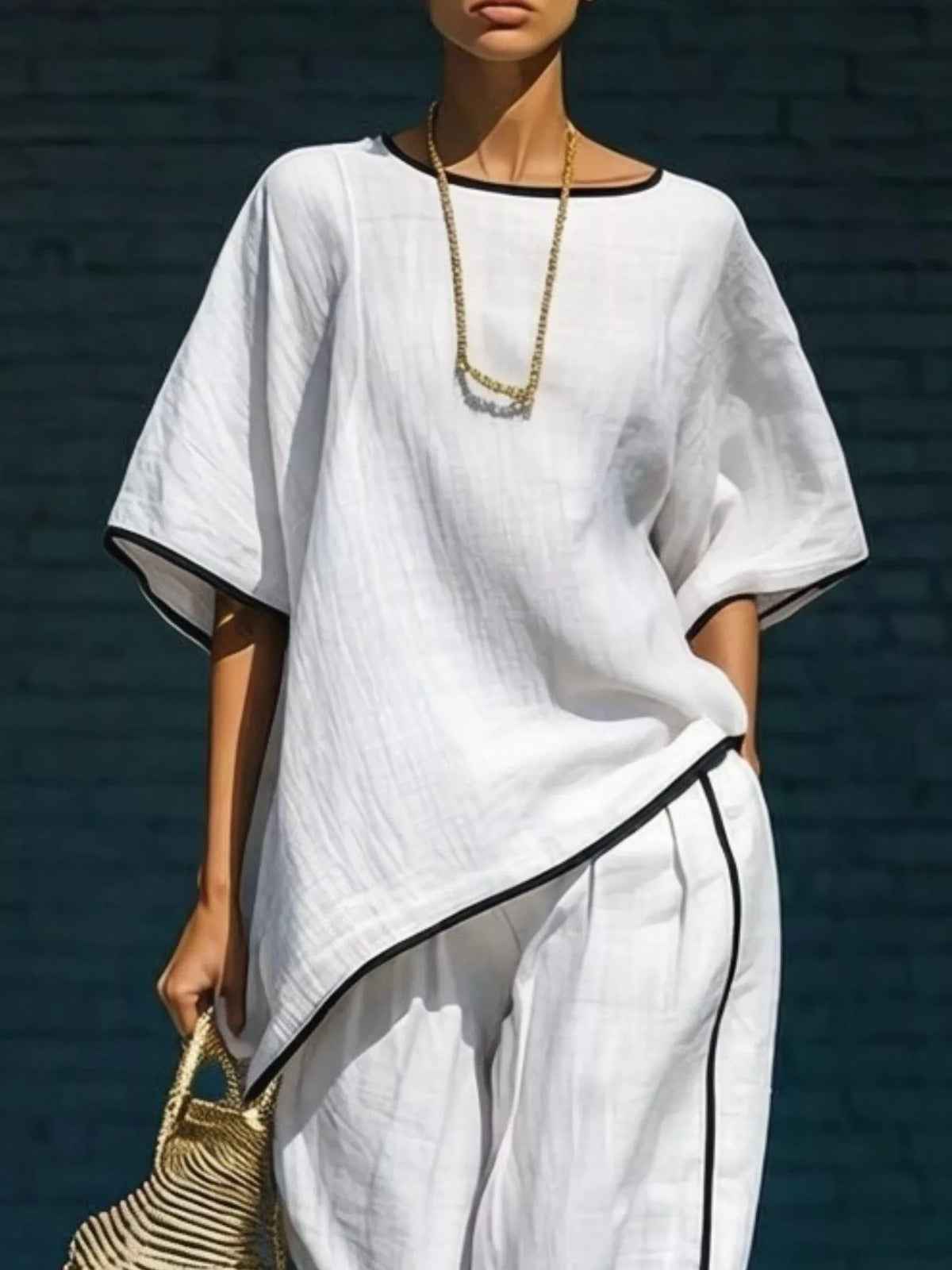 Contrast trim round neck top and pants matching set by Plush Fashion Hub, featuring a comfortable, stylish coordinated outfit.
