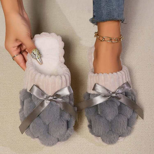 Bow Trim Contrast Slippers with plush fabric and ribbon detail.