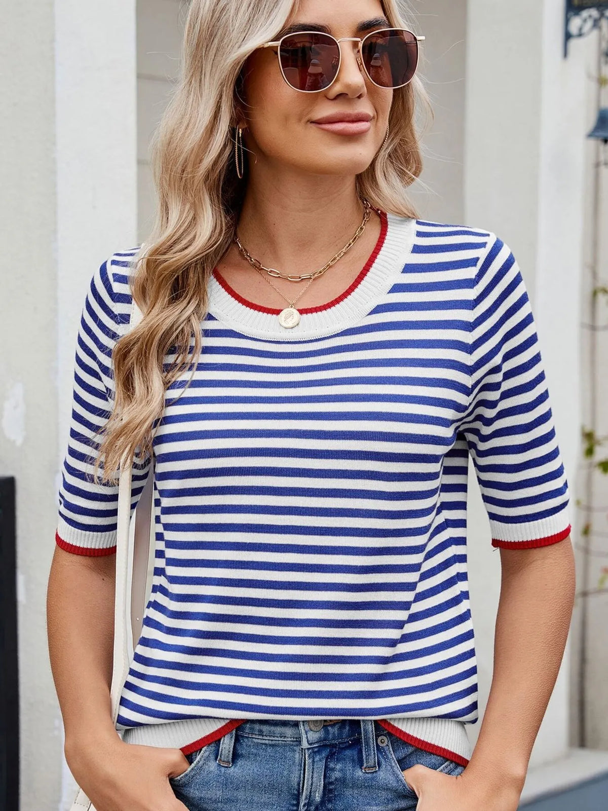 Striped casual T-shirt with contrast trim from Plush Fashion Hub featuring a relaxed fit and short sleeves.
