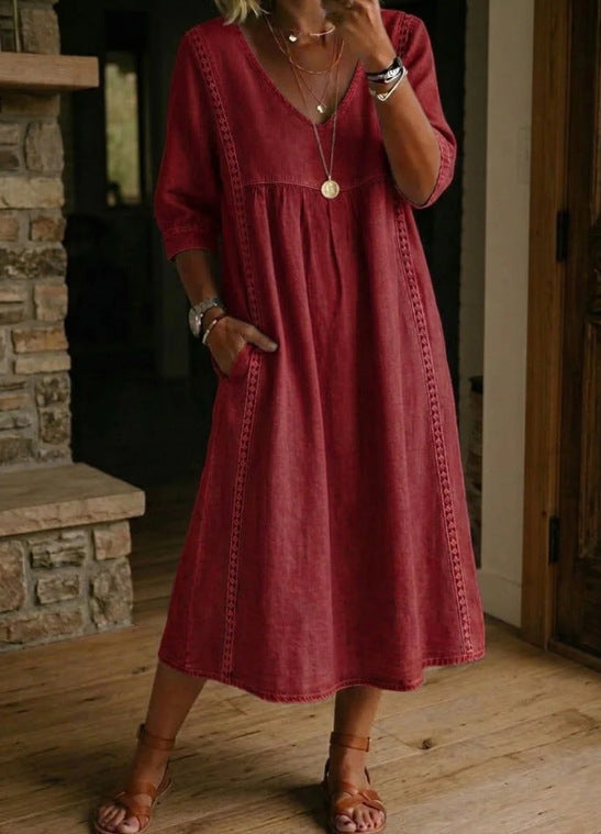 Women's V-neck casual dress with lace trim and a loose fit, available in 7 colors by FitiqueFit