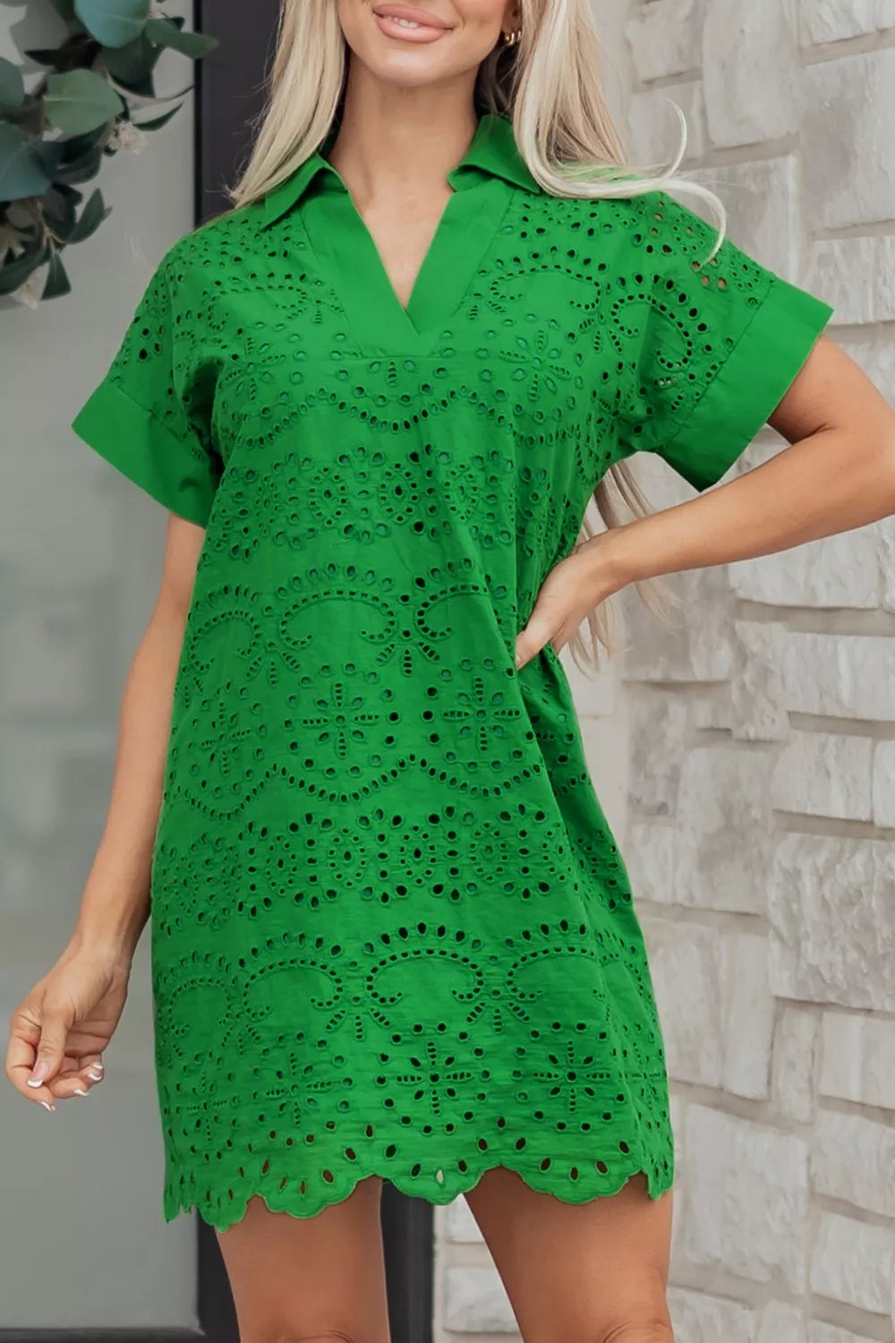 Plush Fashion Hub eyelet collared short sleeve dress featuring a stylish collar and relaxed fit, perfect for casual wear.