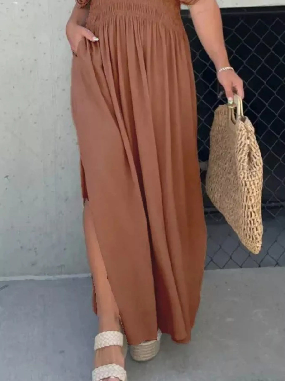 Plus size full slit v-neck smocked waist maxi dress by Plush Fashion Hub, featuring a flowy design and elegant V-neck.