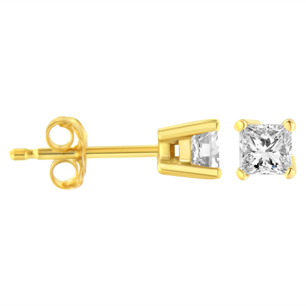 14K yellow gold princess-cut diamond stud earrings with near colorless I-J color and I2-I3 clarity, classic 4-prong setting.