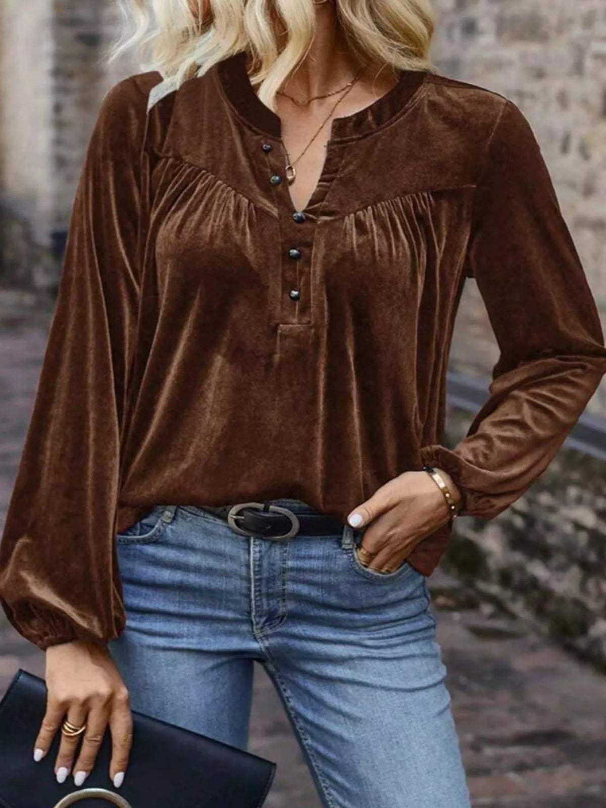Simply Love velvet long sleeve blouse with a notched neckline, stylish and elegant for versatile wear.