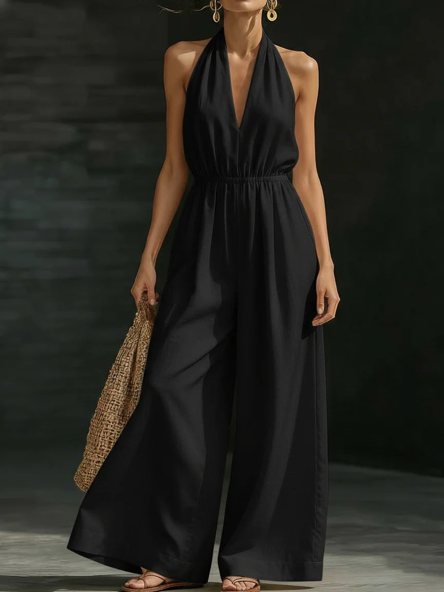 Women’s V-neck halter neck wide-leg jumpsuit by FitiqueFit, casualwear with a relaxed fit and stylish design.