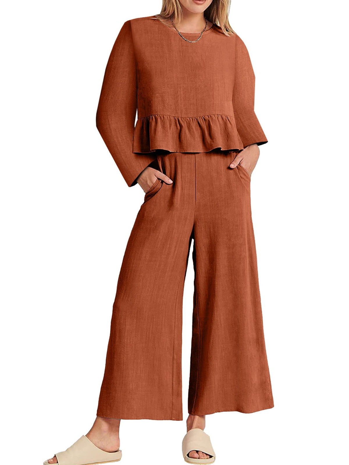 Plush Fashion Hub women's long sleeve ruffled hem top and matching pants lounge set with pockets, cozy and stylish for relaxing.