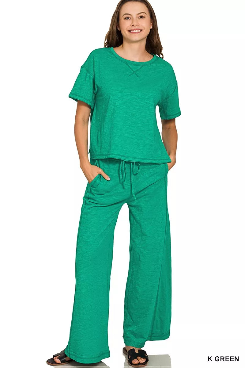 Women’s cotton slub short sleeve tee and pants loungewear set by Plush Fashion Hub, comfortable and casual for relaxed wear.