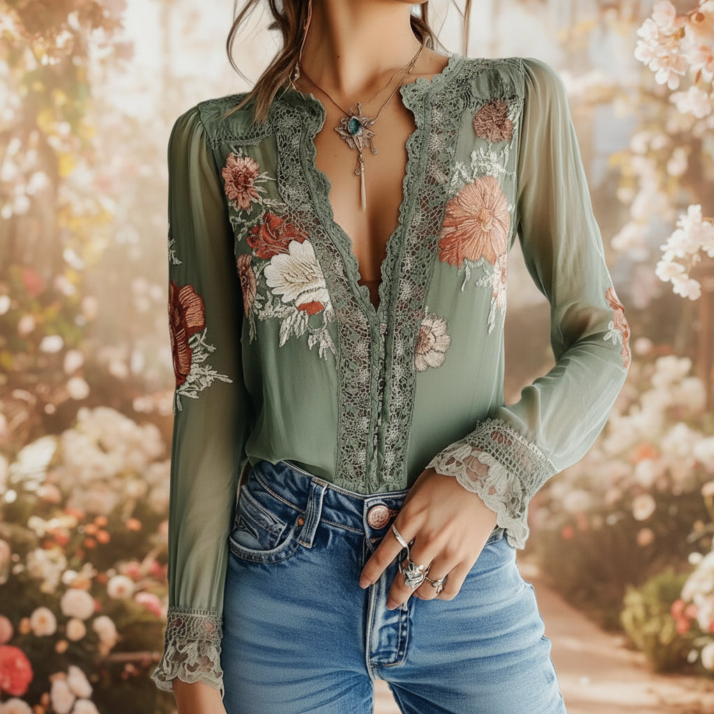 Women’s floral print V-neck blouse by FitiqueFit, casualwear style with lightweight fabric and vibrant flower pattern.
