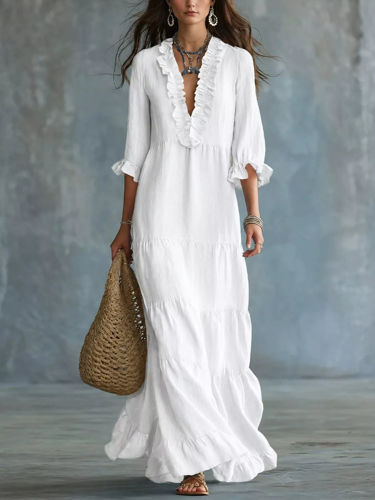Ruffled V-neck tiered maxi dress by Trendsi featuring flowing fabric and layered design, perfect for elegant summer occasions.