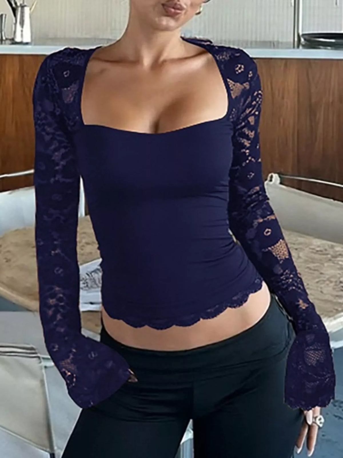 Sheer lace sleeve square neck T-shirt from Plush Fashion Hub, featuring a stylish design with transparent lace sleeves and a square neckline.