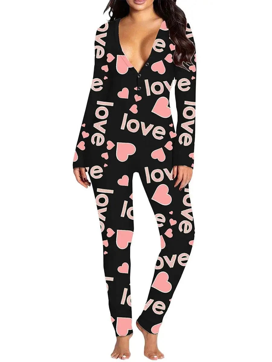 Women Jumpsuit Long Sleeve V Neck Button Closure Letters Heart Print LThe beautiful heart print and V-neck design make it a perfect choice for festive occasions. The long sleeve and button closure add a touch of comfort and conveniencePajamasPlush Fashions ShopPlush Fashion Shop