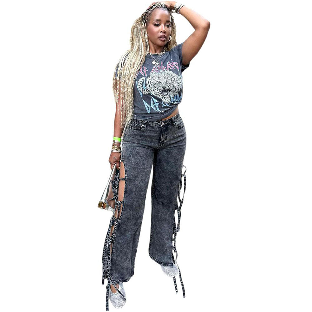 Women's high waist washed denim jeans with slit detailing and tie string from Plush Fashion Hub, long western style pants.