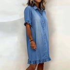 Women's faux denim ruffle-sleeve shirt dress by FitiqueFit, casualwear featuring a stylish ruffled sleeve design and button-front.