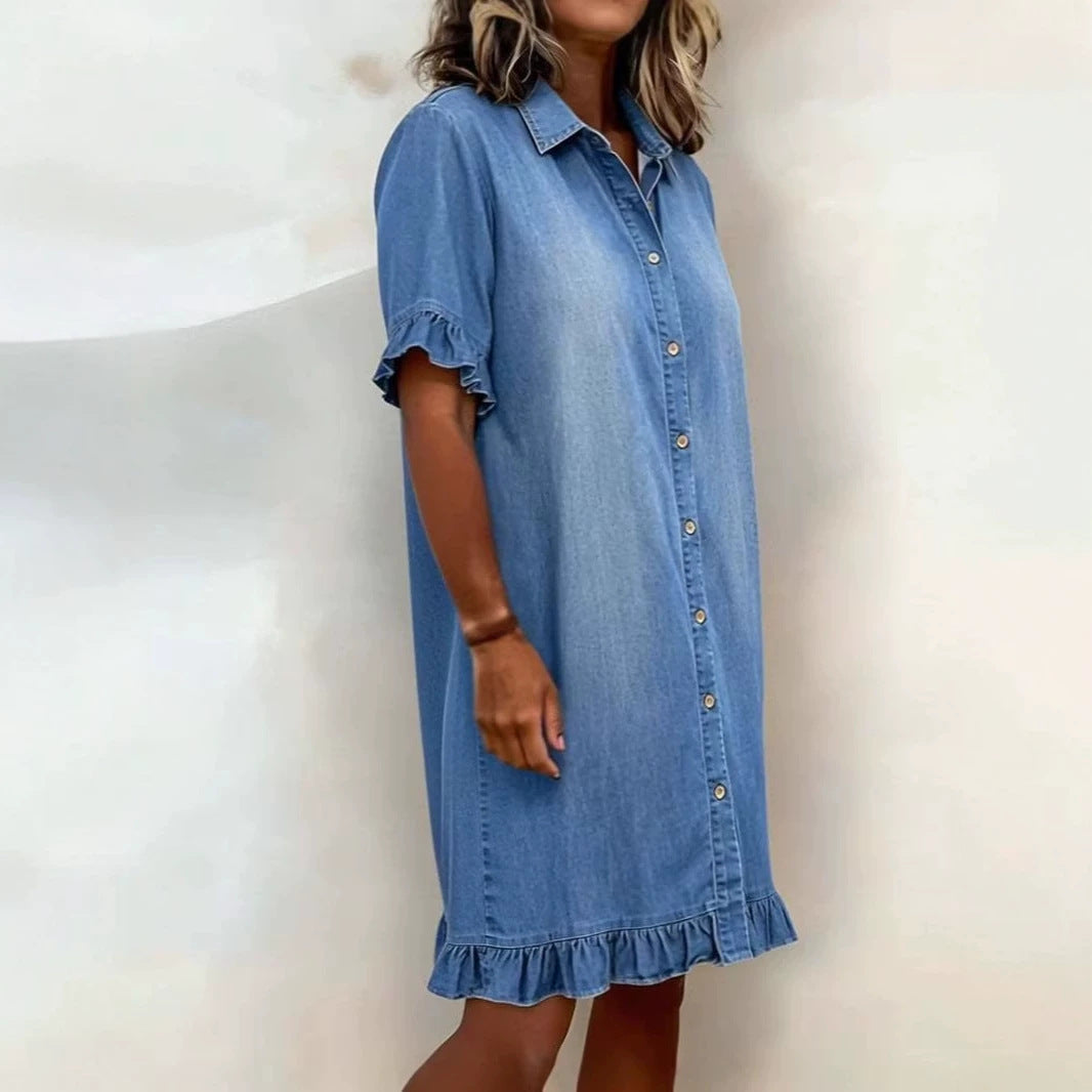 Women's faux denim ruffle-sleeve shirt dress by FitiqueFit, casualwear featuring a stylish ruffled sleeve design and button-front.