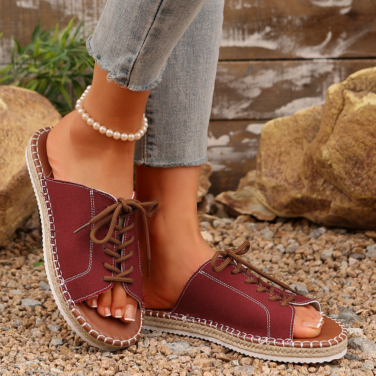 Women’s faux leather lace-up open toe flat sandals by Plush Fashion Hub featuring stylish design and comfortable flat sole.