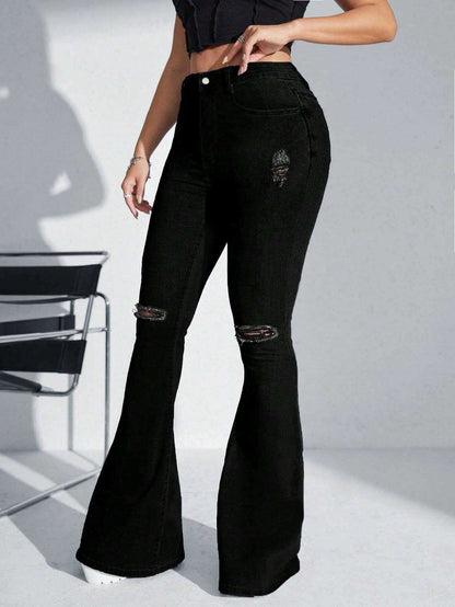 Ladies High Waist Ripped Flare Leg JeansElevate your denim game with our Ladies High Waist Ripped Flare Leg Jeans. Designed for the fashion-forward woman, these jeans make a statement with their black coloPantsPlush Fashions ShopPlush Fashion Shop