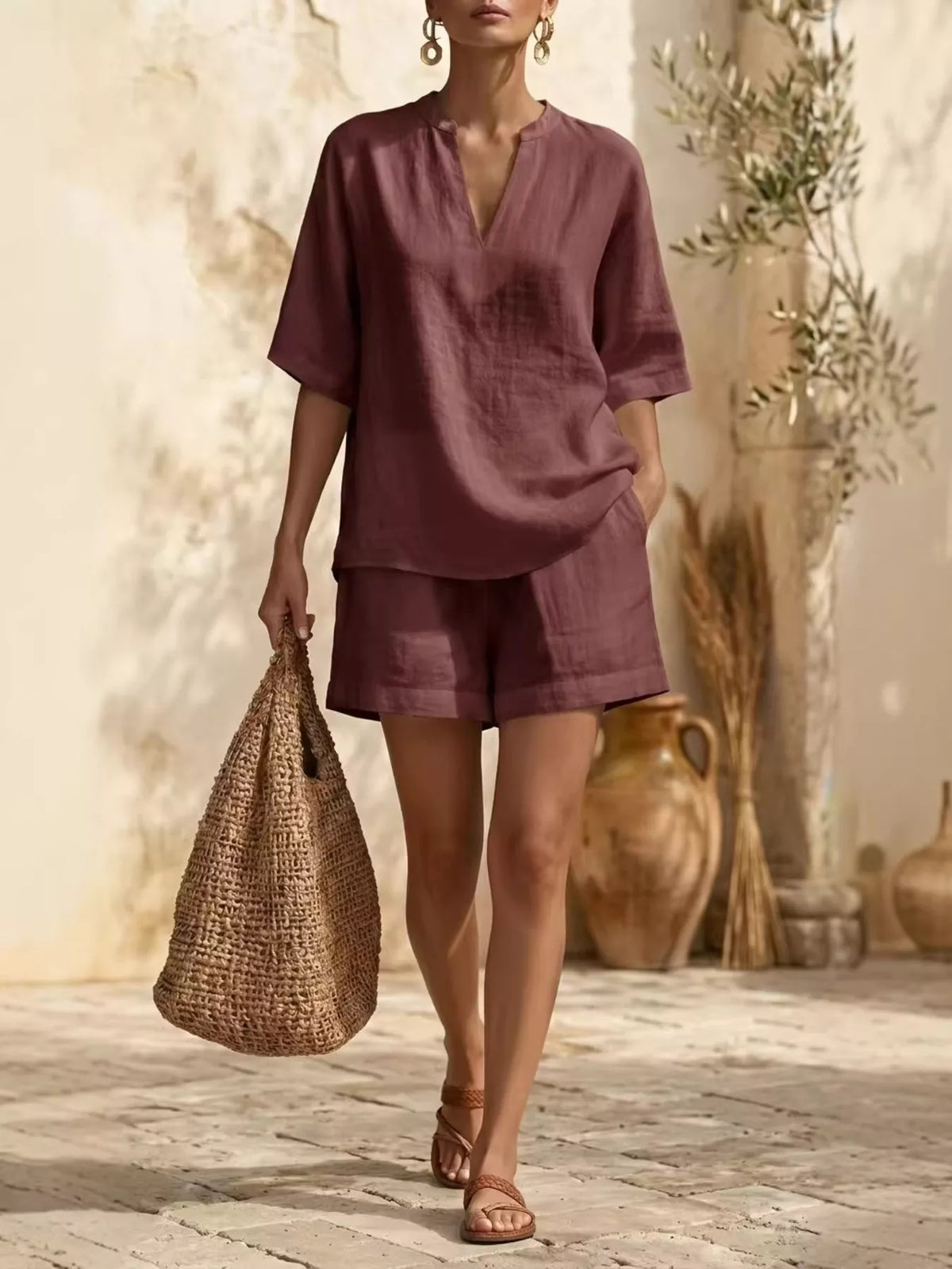 Plus size women's lounge dress with notched half sleeves and pockets by Plush Fashion Hub, shown in a comfortable, casual style.