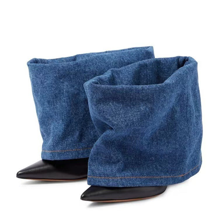 Plush Fashion Hub denim color block pointed toe heeled boots showing a stylish design with contrasting fabric panels and stiletto heels.