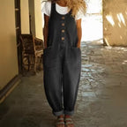 Retro buckle multi-pocket overalls jumpsuit with 3/4 sleeves from FitiqueFit, featuring a stylish design and functional pockets.