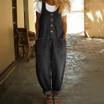 Retro buckle multi-pocket overalls jumpsuit with 3/4 sleeves from FitiqueFit, featuring a stylish design and functional pockets.