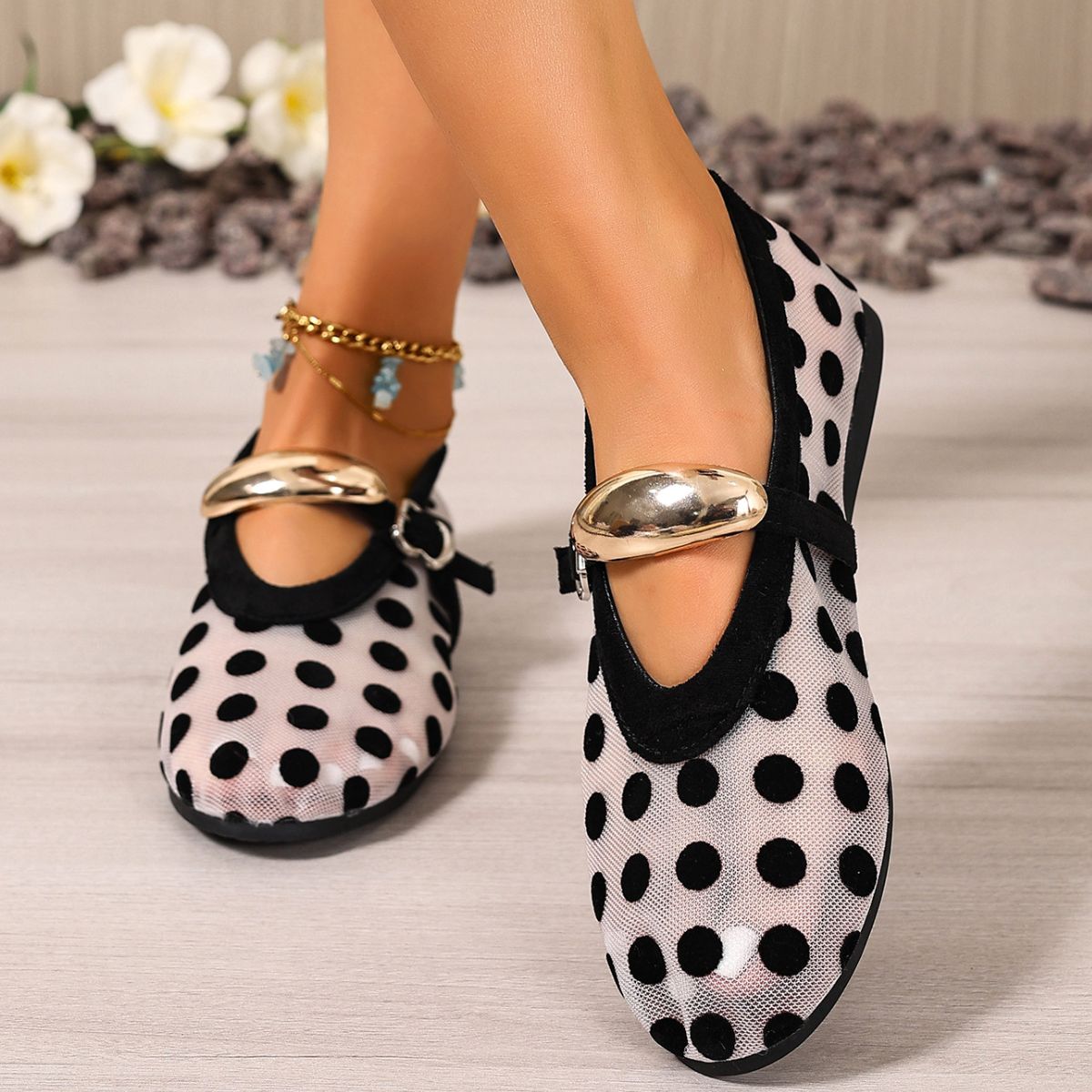 Women's polka dot mesh slip-on shoes by Plush Fashion Hub, lightweight casual walking shoes with breathable mesh and comfortable fit.