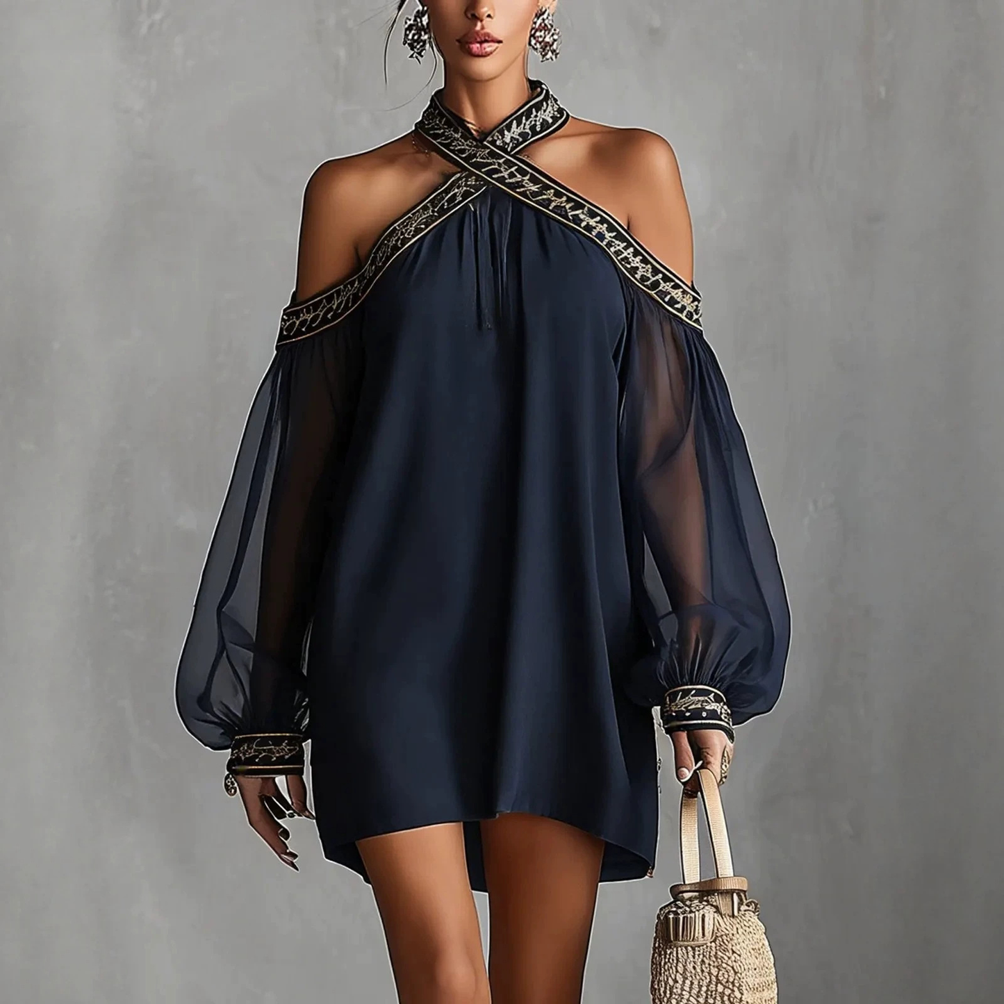 Plush Fashion Hub embroidered strapless dress with off-shoulder sheer lantern sleeves, resort style, slim fit, and elegant design.
