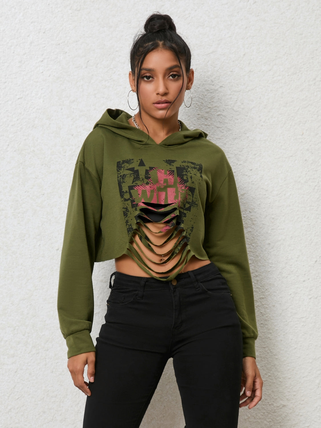Plush Fashion Hub long sleeve hoodie with cutout design, soft plush fabric, and stylish fashion top perfect for casual wear.