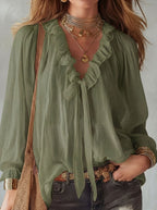 V-neck loose-fit casual shirt top by Plush Fashion Hub in no-iron fabric, available in 8 colors, styled on a mannequin.