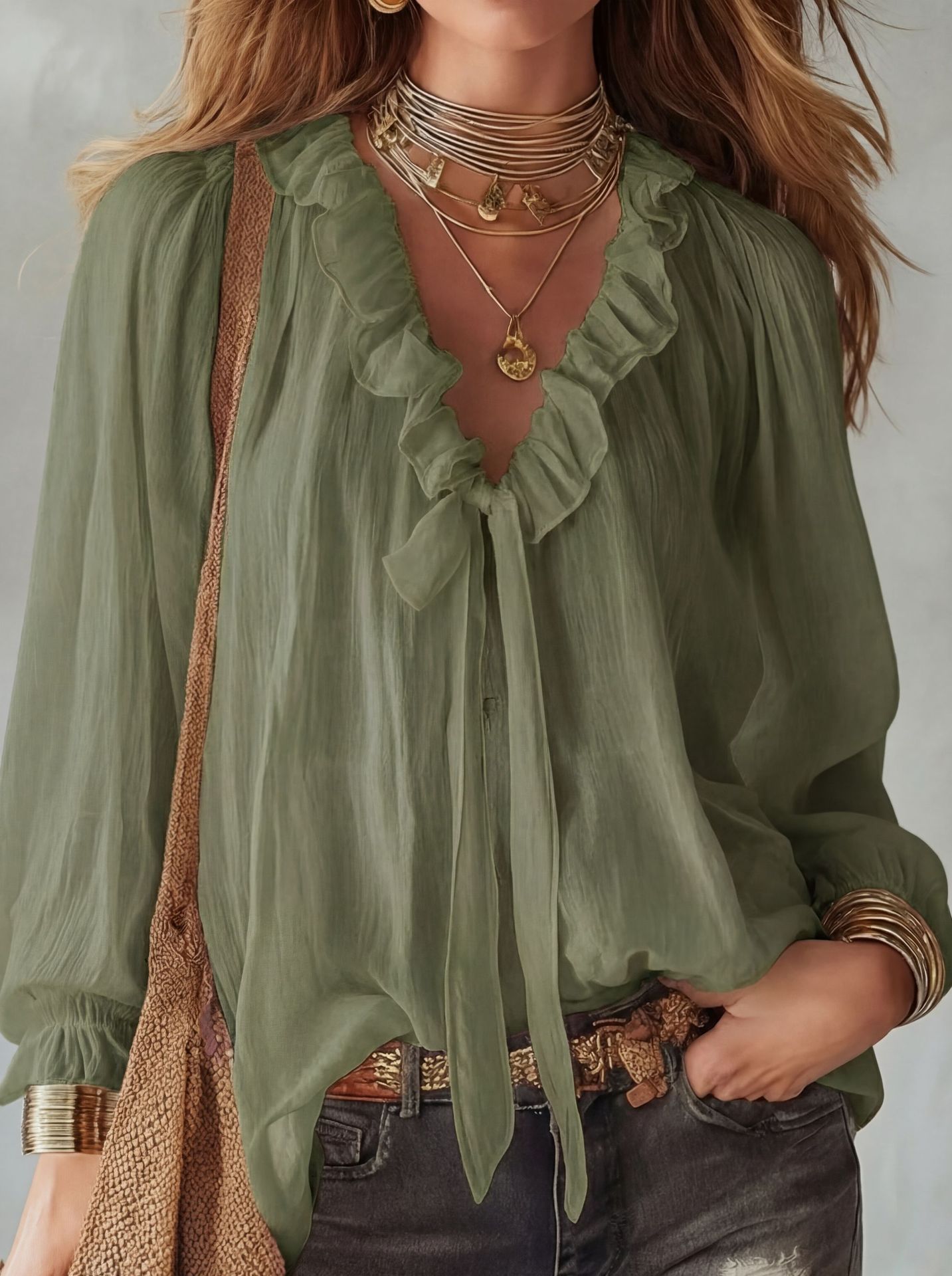 V-neck loose-fit casual shirt top by Plush Fashion Hub in no-iron fabric, available in 8 colors, styled on a mannequin.