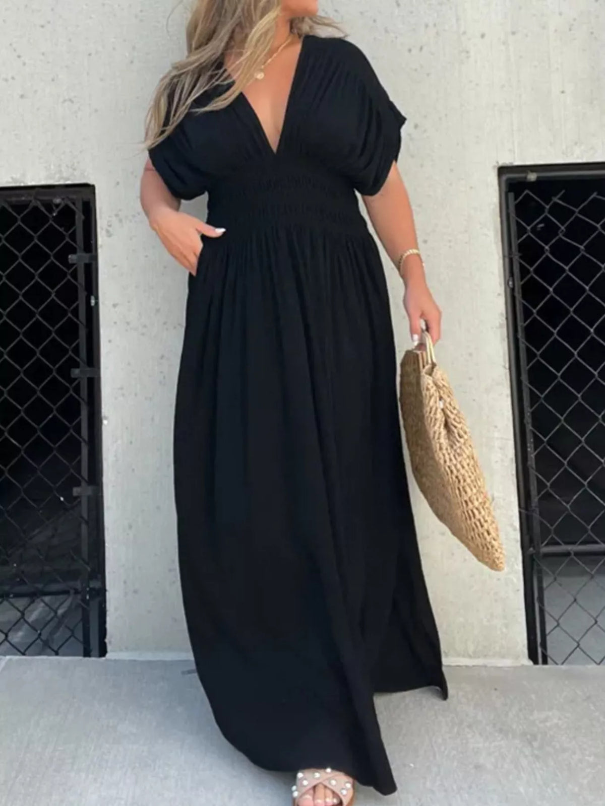 Plus size full slit V-neck maxi dress with smocked waist from Plush Fashion Hub, featuring flowing fabric and elegant style.