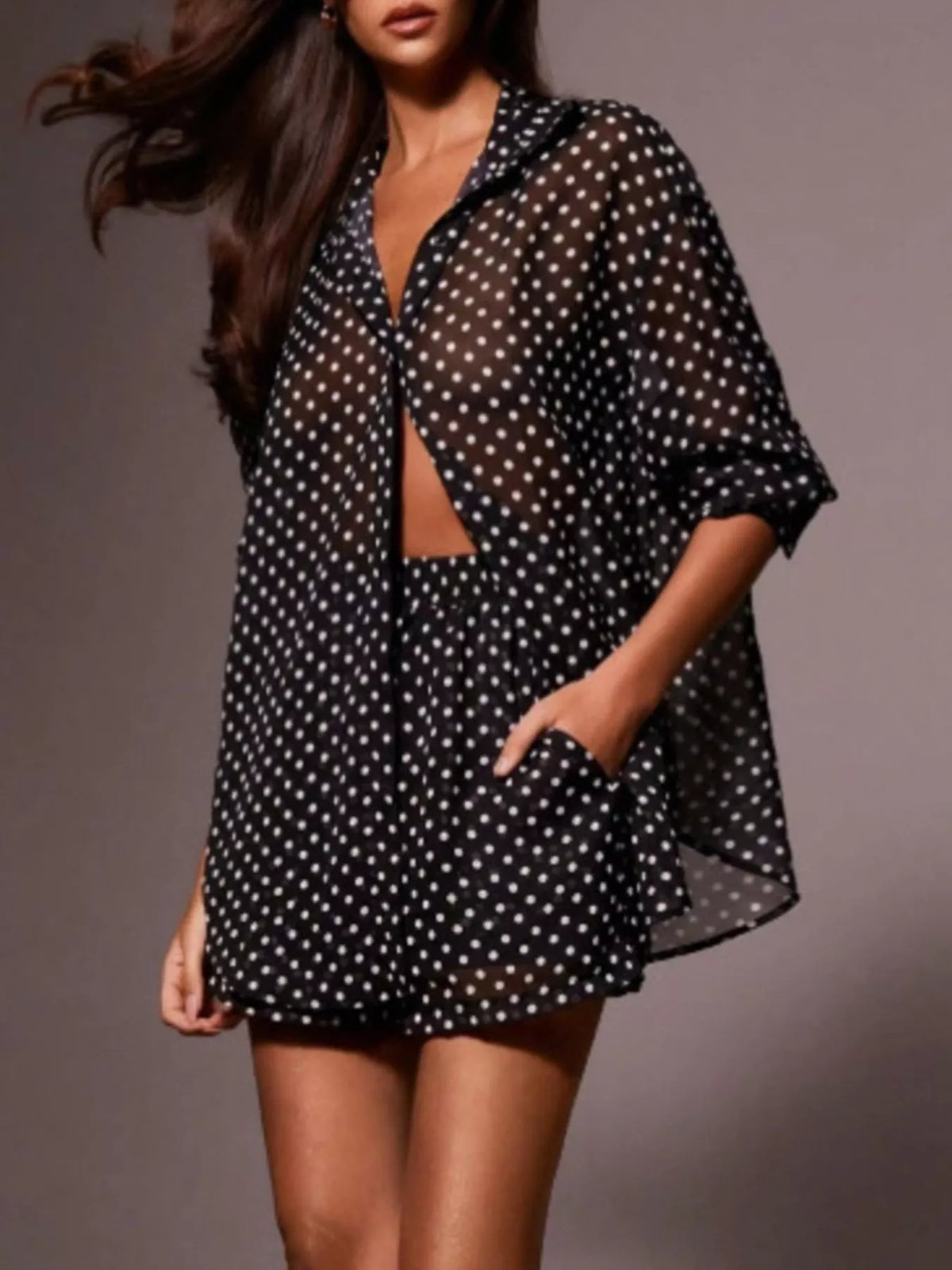 Polka dot loungewear set from Plush Fashion Hub featuring a button-up shirt and matching shorts, perfect for casual comfort.